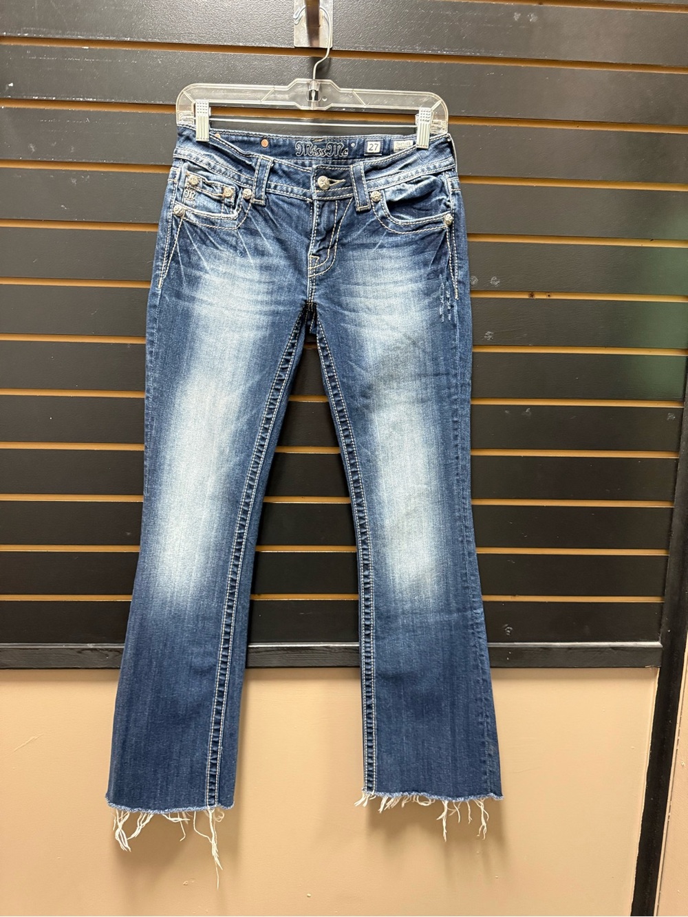 Miss Me Women’s Size 27 Bootcut Jeans Embellished Flap Pockets Raw Hem
